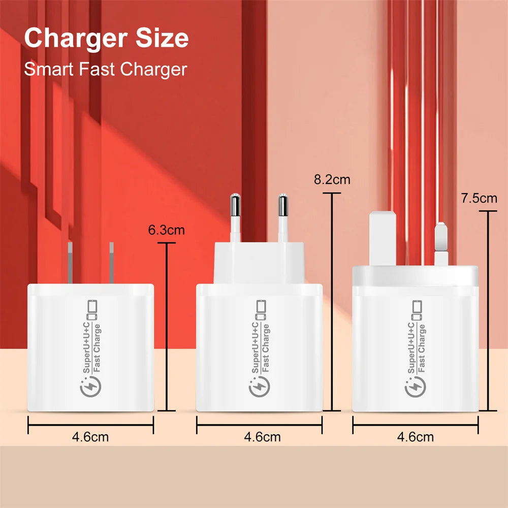 48W PD QC3.0 USB C Fast Charger For iPhone 17 16 15 14 13 12 Xiaomi Samsung Huawei EU US UK Wall Adapter 3Port USB Phone Charger