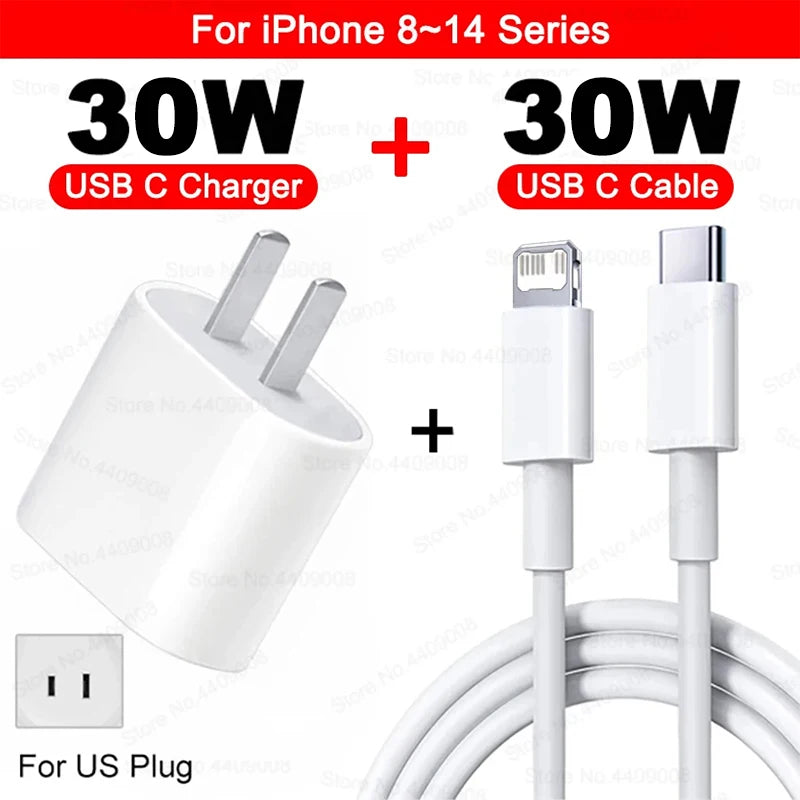 30W Type C PD Cable Fast Charger For iPhone 16 15 14 13 12 11 17 Pro Max Air iPad Travel Adapter USB C Phone Charger Accessories