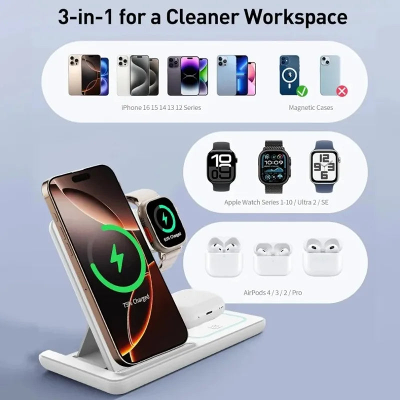 3 in 1 Night LED Light Wireless Charger Stand For iPhone 17 16 15 14 13 Apple Watch SE Airpods Pro Folding Fast Charging Station