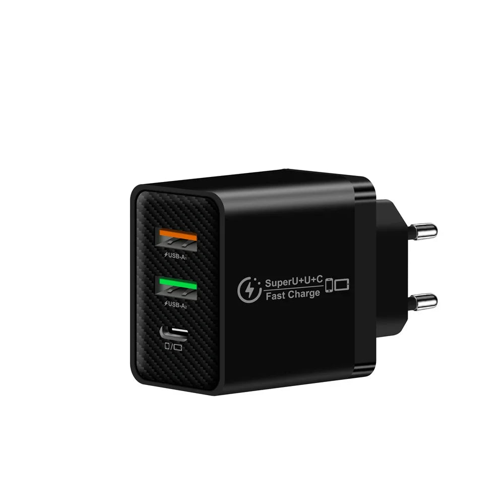 48W PD QC3.0 USB C Fast Charger For iPhone 17 16 15 14 13 12 Xiaomi Samsung Huawei EU US UK Wall Adapter 3Port USB Phone Charger
