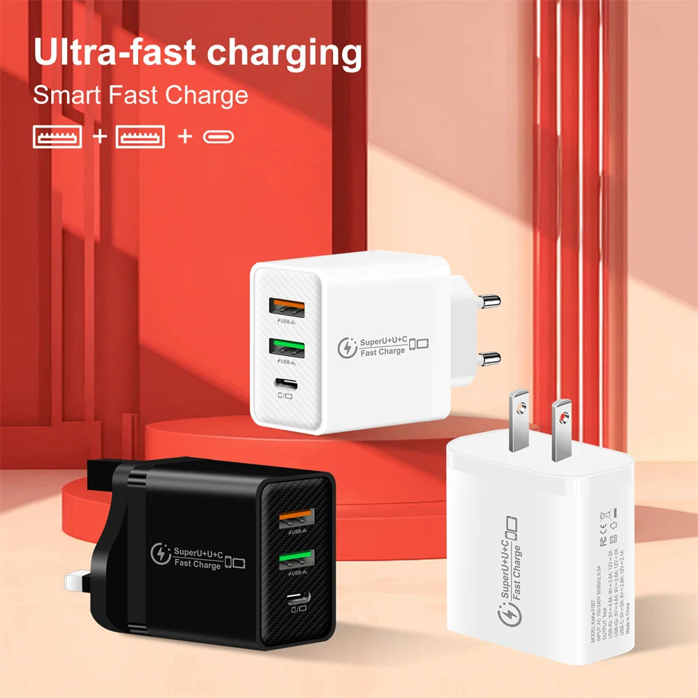 48W PD QC3.0 USB C Fast Charger For iPhone 17 16 15 14 13 12 Xiaomi Samsung Huawei EU US UK Wall Adapter 3Port USB Phone Charger
