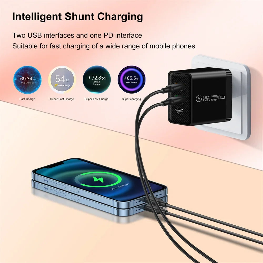 48W PD QC3.0 USB C Fast Charger For iPhone 17 16 15 14 13 12 Xiaomi Samsung Huawei EU US UK Wall Adapter 3Port USB Phone Charger