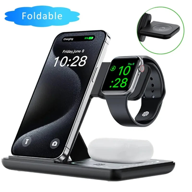 3 in 1 Night LED Light Wireless Charger Stand For iPhone 17 16 15 14 13 Apple Watch SE Airpods Pro Folding Fast Charging Station