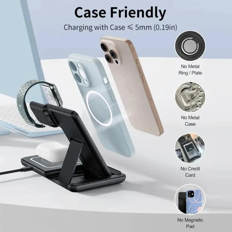 3 in 1 Night LED Light Wireless Charger Stand For iPhone 17 16 15 14 13 Apple Watch SE Airpods Pro Folding Fast Charging Station