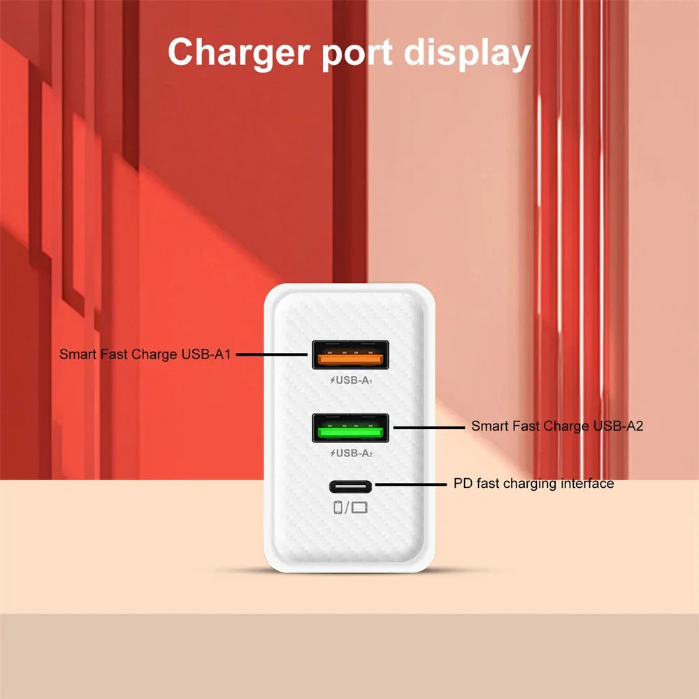 48W PD QC3.0 USB C Fast Charger For iPhone 17 16 15 14 13 12 Xiaomi Samsung Huawei EU US UK Wall Adapter 3Port USB Phone Charger