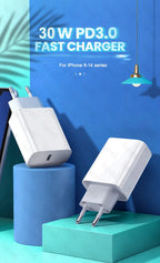 30W Type C PD Cable Fast Charger For iPhone 16 15 14 13 12 11 17 Pro Max Air iPad Travel Adapter USB C Phone Charger Accessories