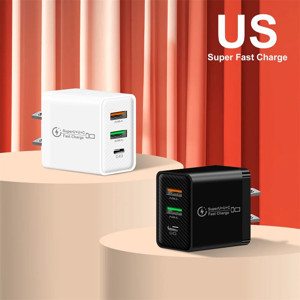 48W PD QC3.0 USB C Fast Charger For iPhone 17 16 15 14 13 12 Xiaomi Samsung Huawei EU US UK Wall Adapter 3Port USB Phone Charger