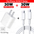 30W Type C PD Cable Fast Charger For iPhone 16 15 14 13 12 11 17 Pro Max Air iPad Travel Adapter USB C Phone Charger Accessories