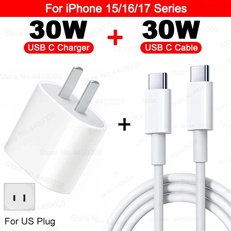 30W Type C PD Cable Fast Charger For iPhone 16 15 14 13 12 11 17 Pro Max Air iPad Travel Adapter USB C Phone Charger Accessories