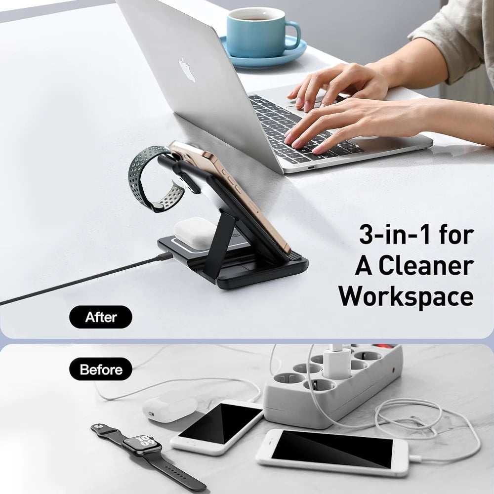 3 in 1 Night LED Light Wireless Charger Stand For iPhone 17 16 15 14 13 Apple Watch SE Airpods Pro Folding Fast Charging Station