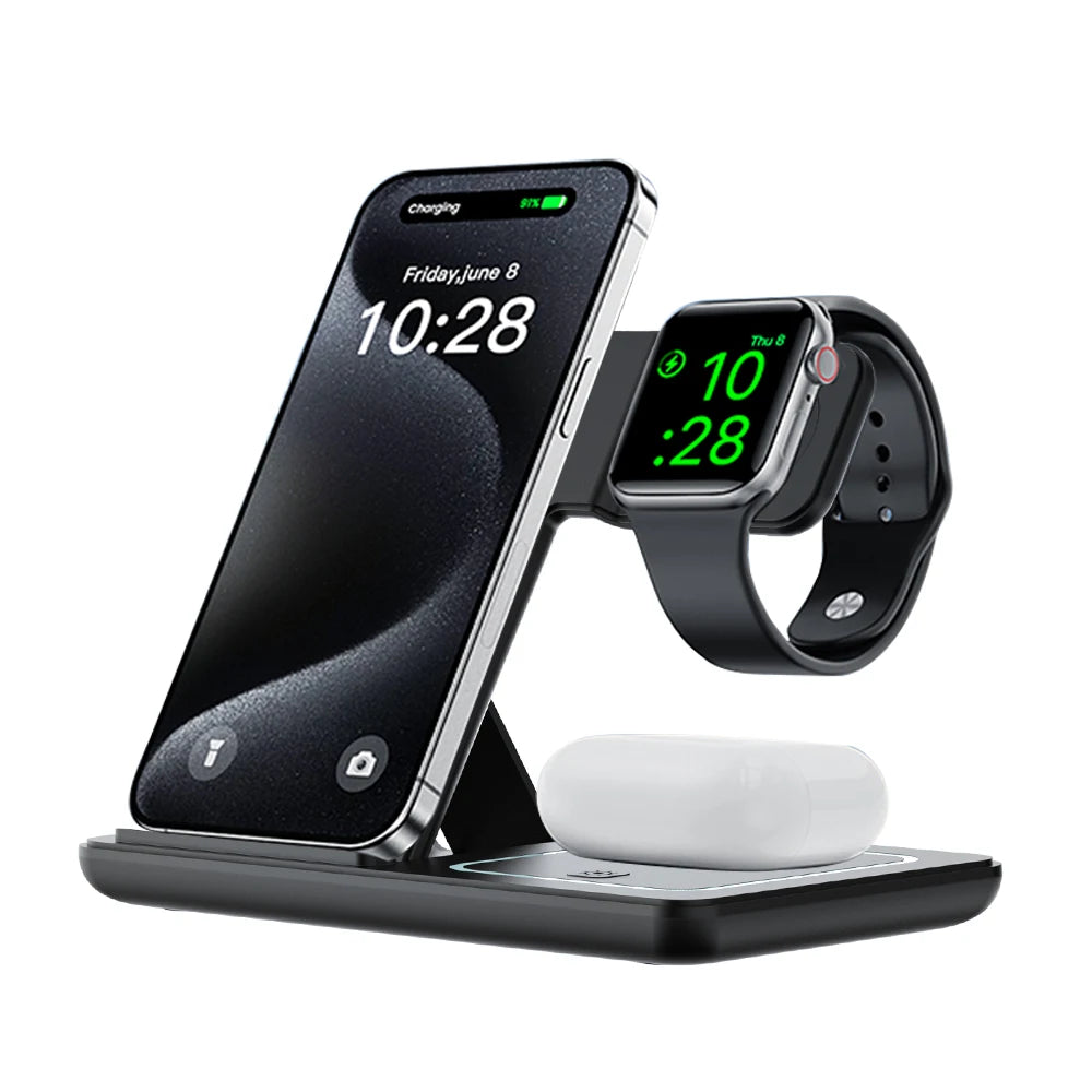 3 in 1 Night LED Light Wireless Charger Stand For iPhone 17 16 15 14 13 Apple Watch SE Airpods Pro Folding Fast Charging Station