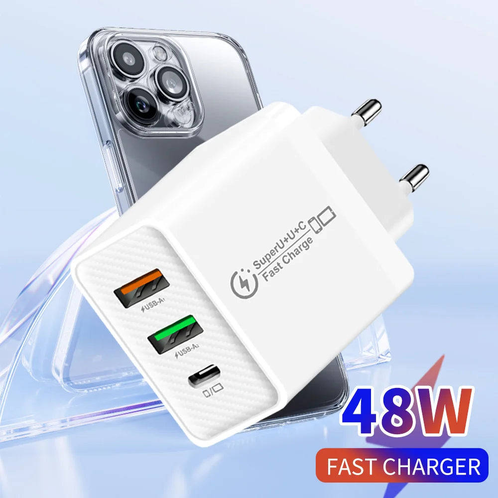48W PD QC3.0 USB C Fast Charger For iPhone 17 16 15 14 13 12 Xiaomi Samsung Huawei EU US UK Wall Adapter 3Port USB Phone Charger