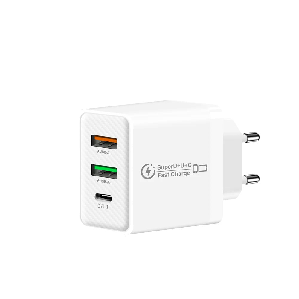48W PD QC3.0 USB C Fast Charger For iPhone 17 16 15 14 13 12 Xiaomi Samsung Huawei EU US UK Wall Adapter 3Port USB Phone Charger