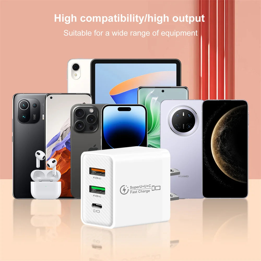 48W PD QC3.0 USB C Fast Charger For iPhone 17 16 15 14 13 12 Xiaomi Samsung Huawei EU US UK Wall Adapter 3Port USB Phone Charger